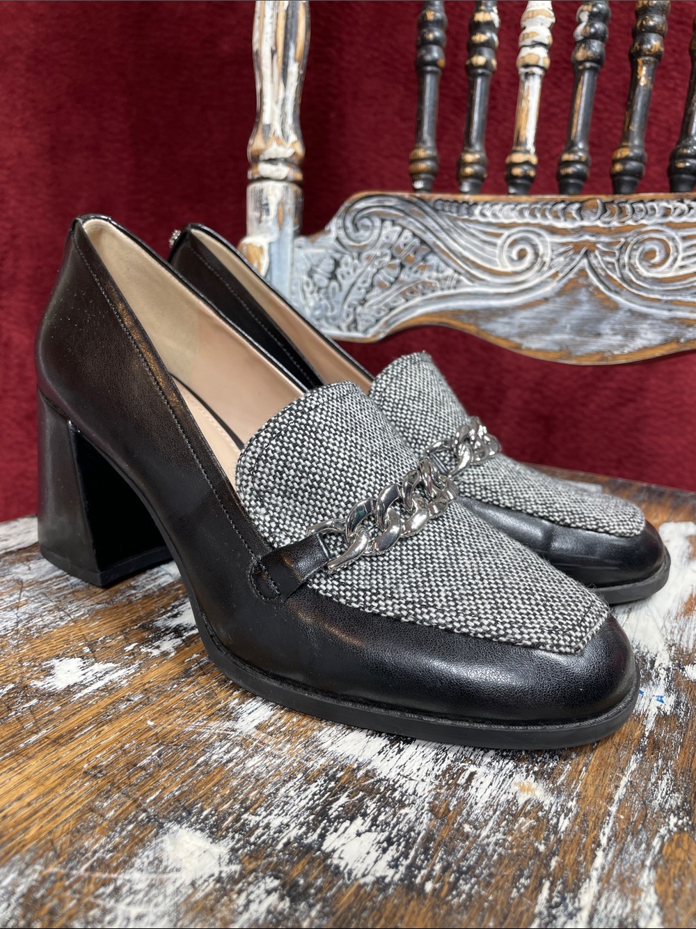 ❤️ Kelly & Katie Black & White Tonnia Silver Chain Block Heel Loafers, 8